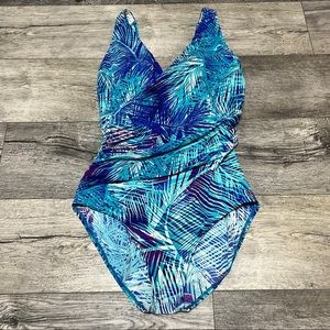 L.L. Bean Womens One Piece Swimsuit Blue Purple Palm Leaves Stretch V Neck 14